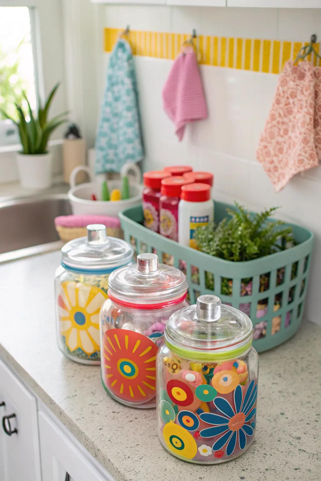 DIY colorful lids bring a playful energy to your space.