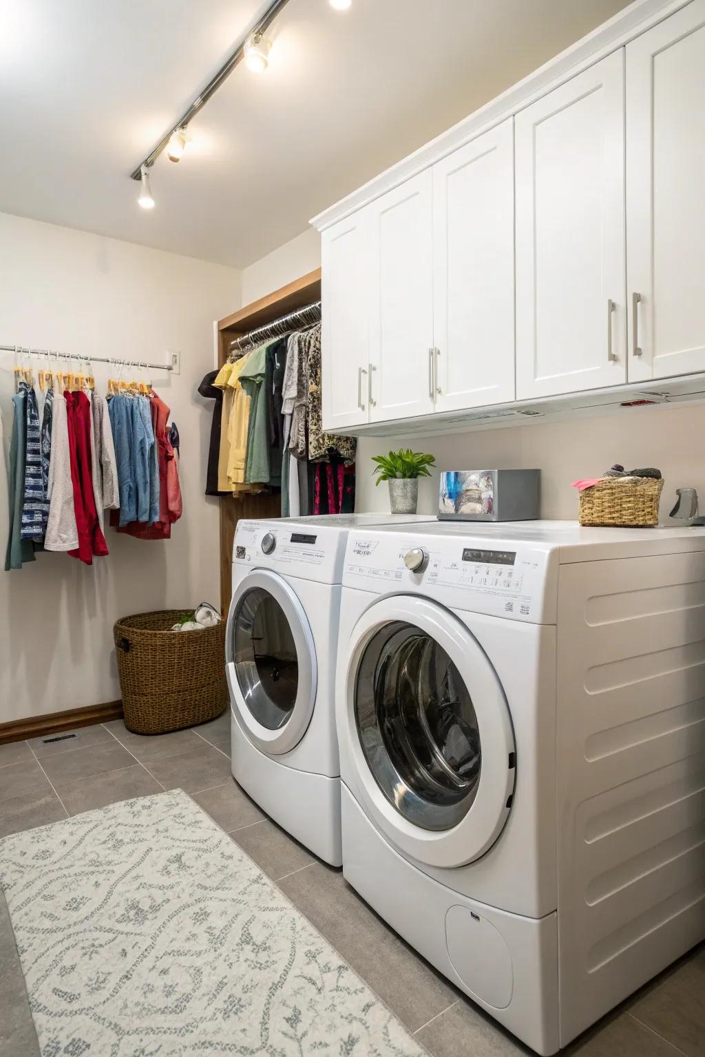 Hanging rods provide a convenient drying area in your laundry room.