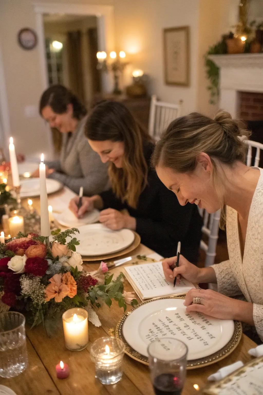 A dinner party with guests writing on plates, sharing an intimate experience.