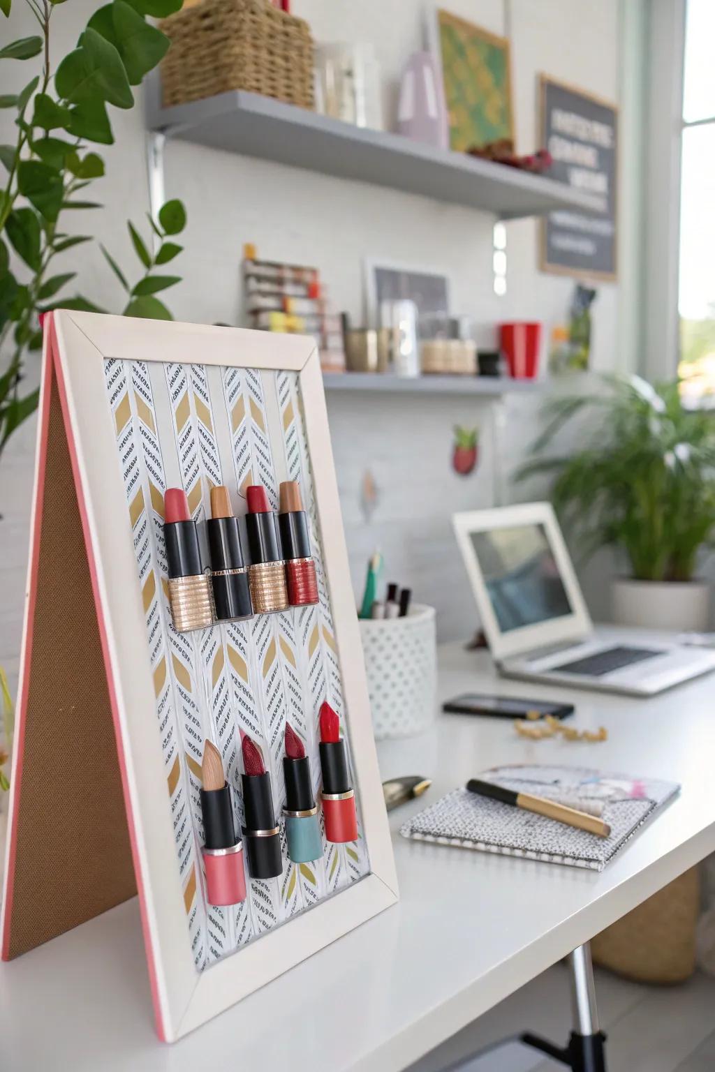 Add a fun twist with a magnetic lipstick board.