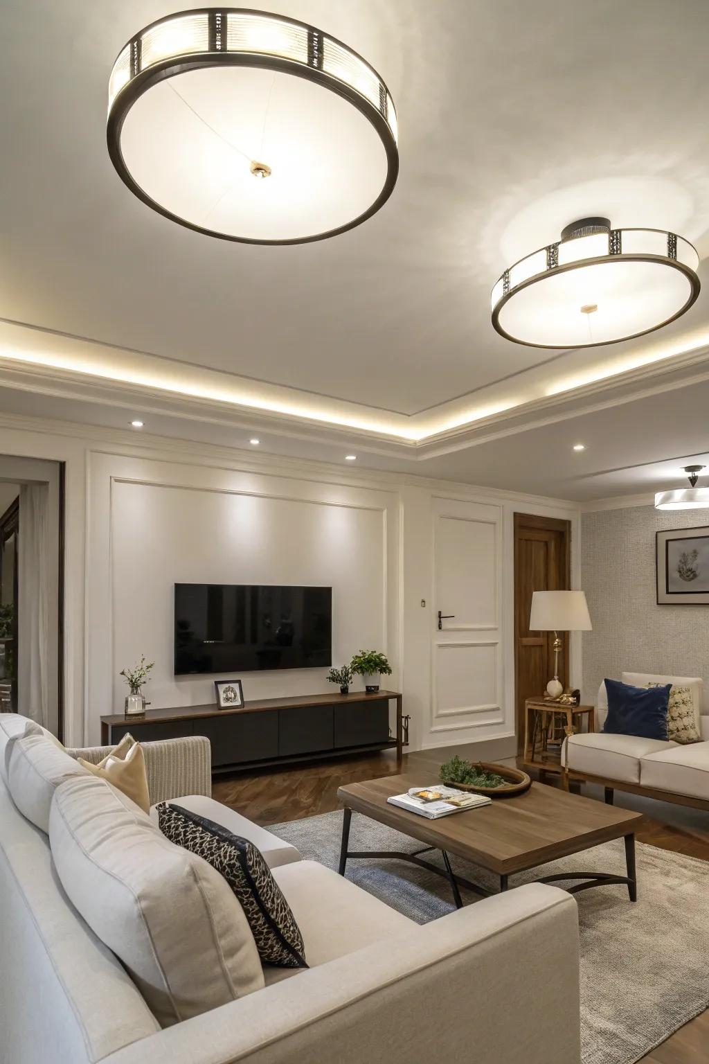 Flush-mount lights provide sleek and minimalist illumination.