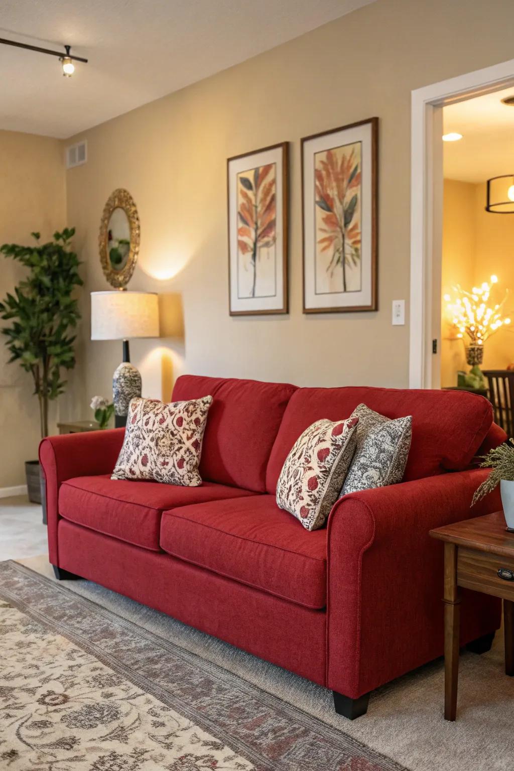 Accent walls bring balance and depth, perfectly complementing a red couch.