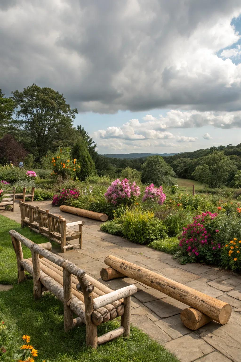 Logs crafted into outdoor furniture for a garden.