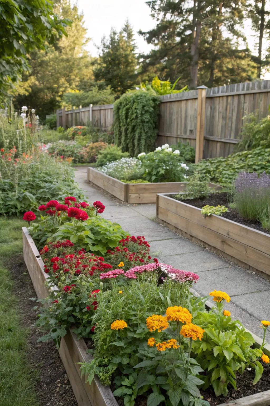 Raised beds offer ease of care and a tidy garden appearance.