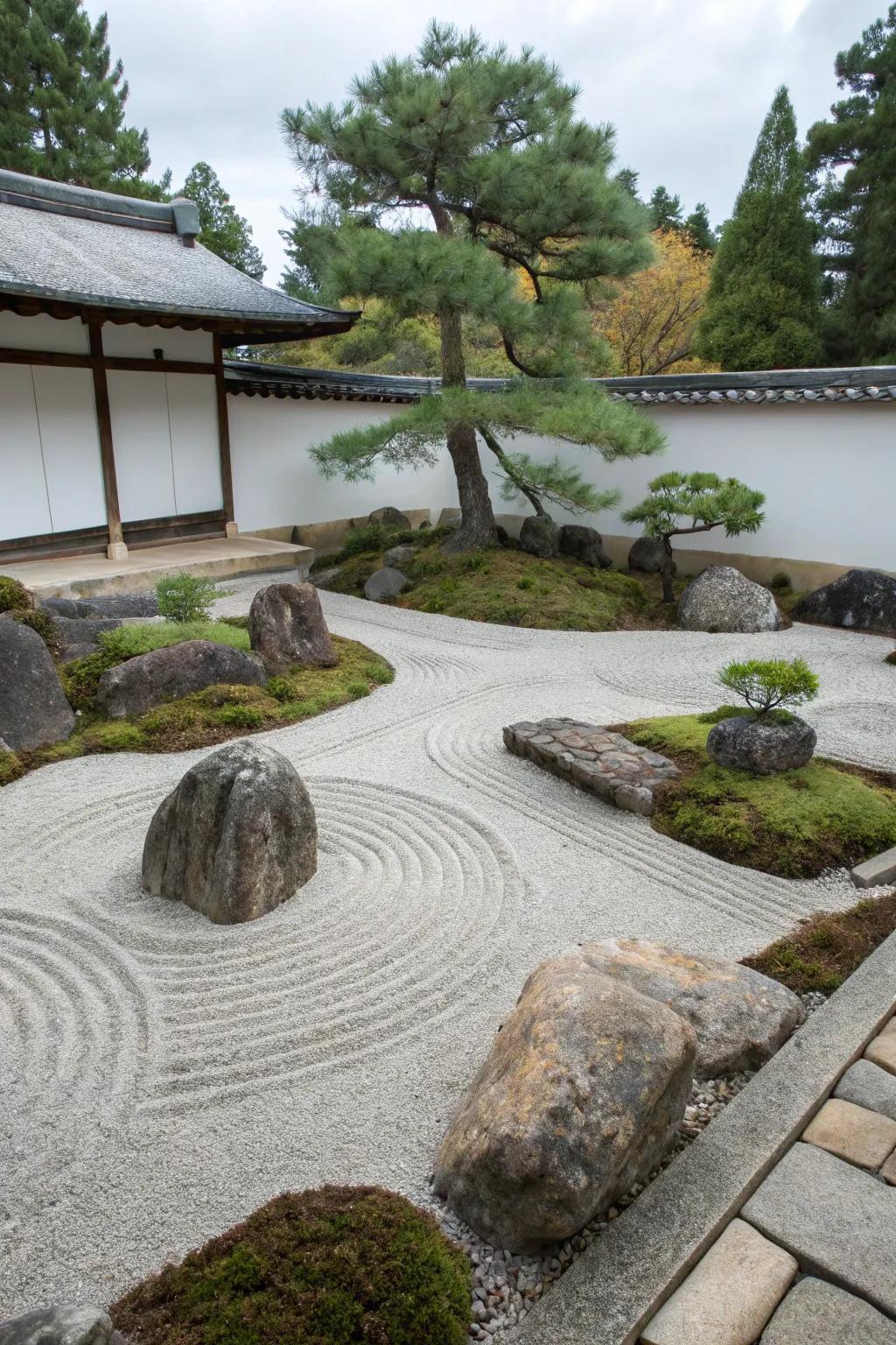 A Zen garden invites peace and reflection.