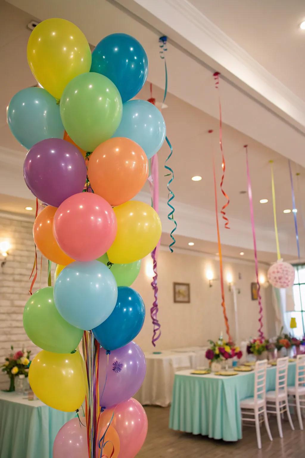 Balloon clusters in groups of seven adding a festive flair to the celebration.