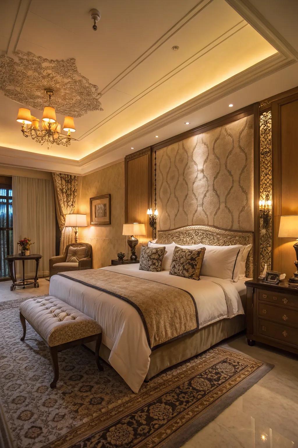 A luxurious bedroom illuminated by warm, ambient lighting.