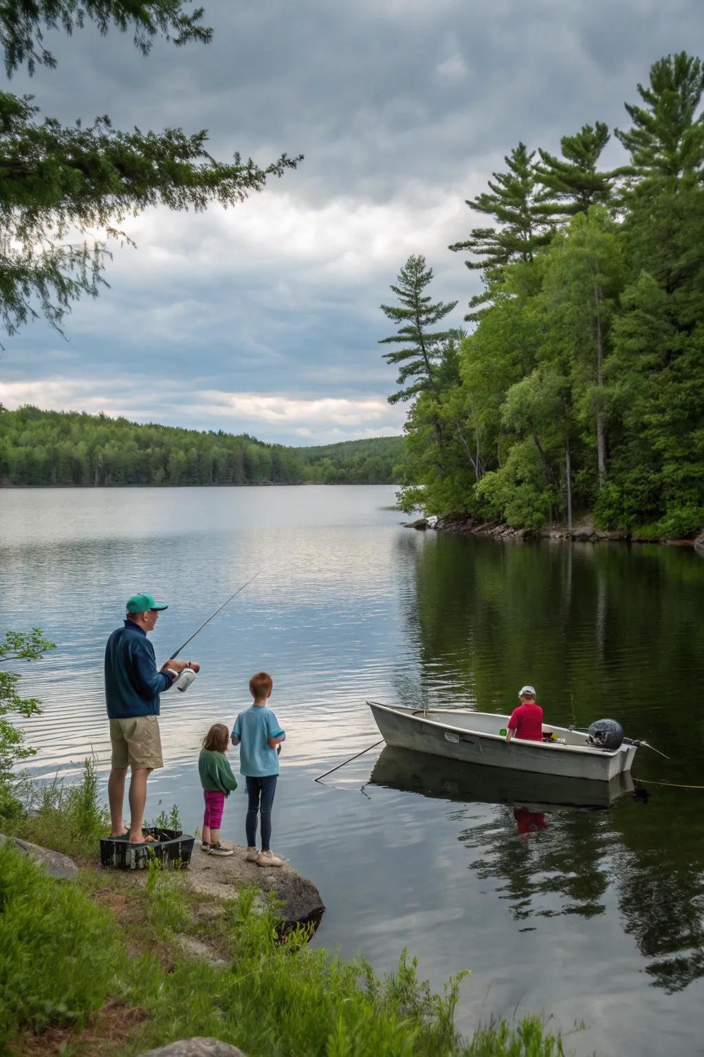 A serene family fishing trip on a Maine lake.