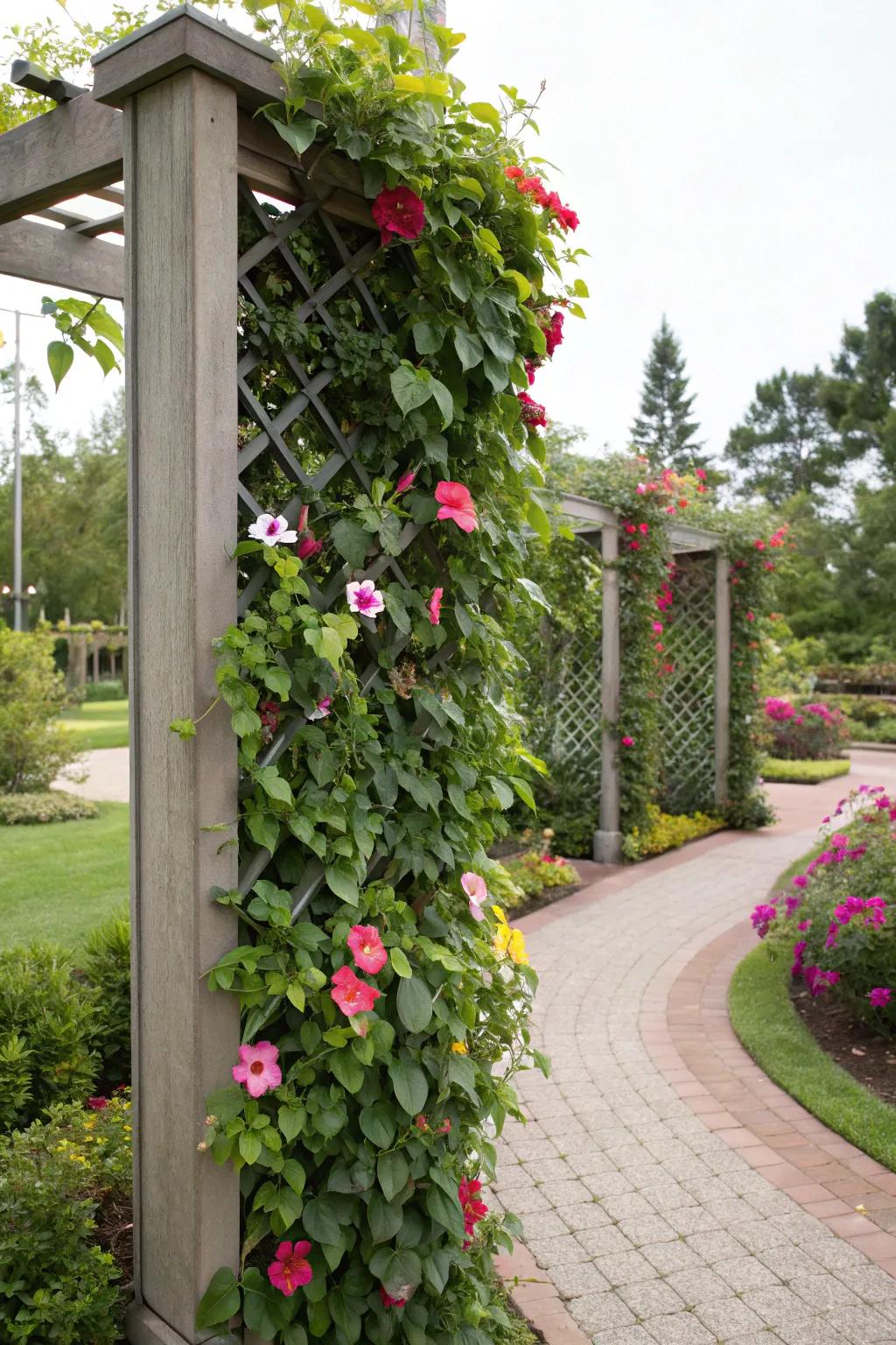 A trellis screen divider with mandevilla creates distinct and inviting garden rooms.