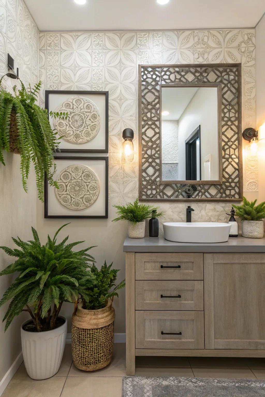 Bathroom enhanced with decorative plants and stylish wall art.