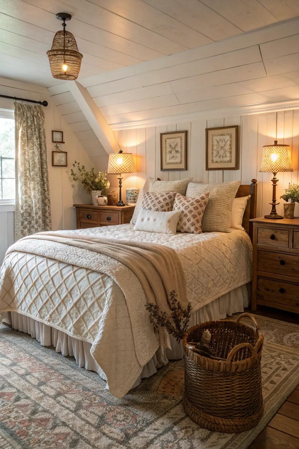 Warm embrace: Cozy atmosphere in a farmhouse bedroom