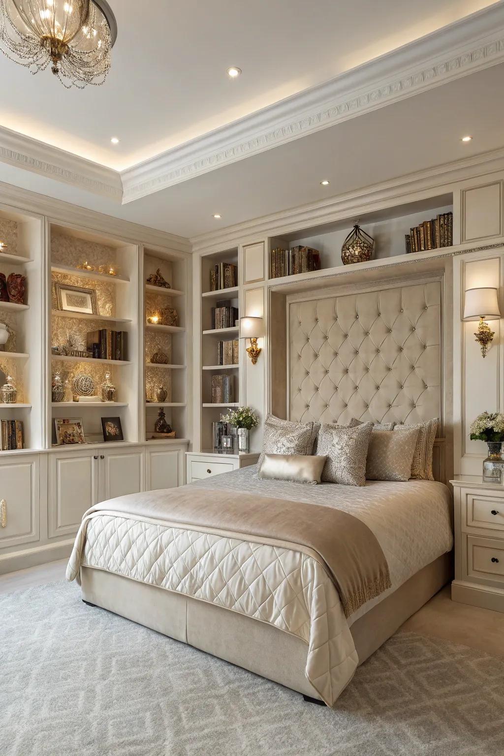 Built-in shelving offers a stylish and functional solution for your headboard wall.