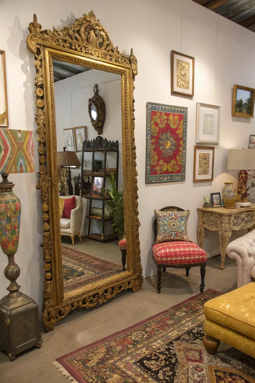 An antique mirror adds history to this vibrant room.