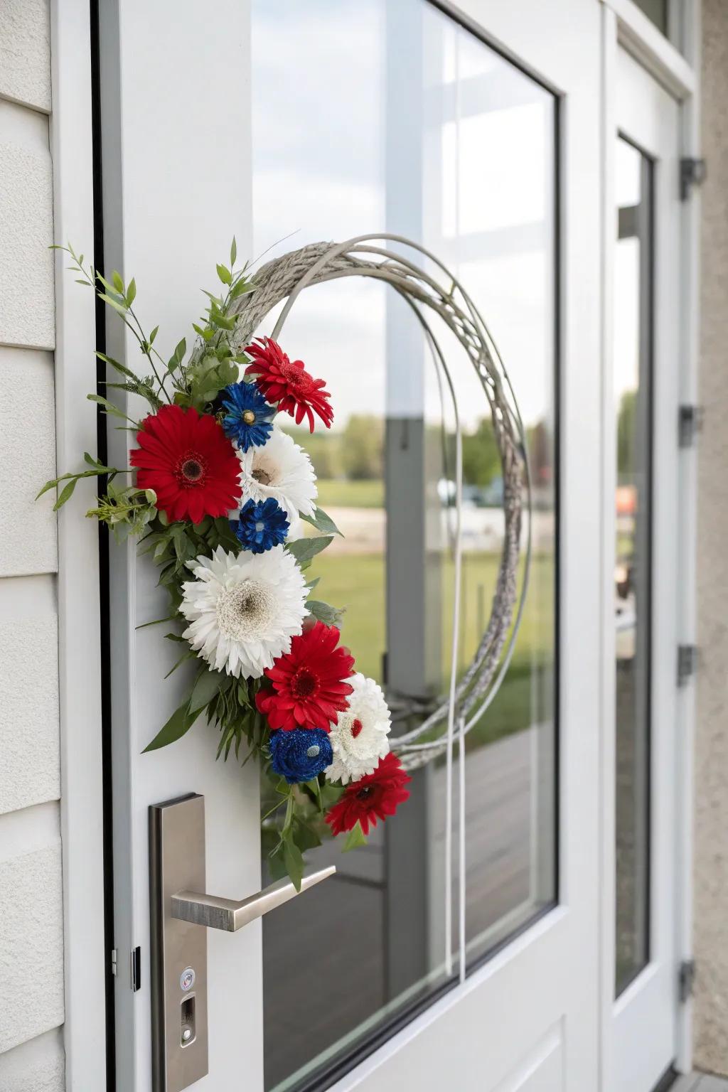 A sleek and modern minimalist wreath with a few blooms.