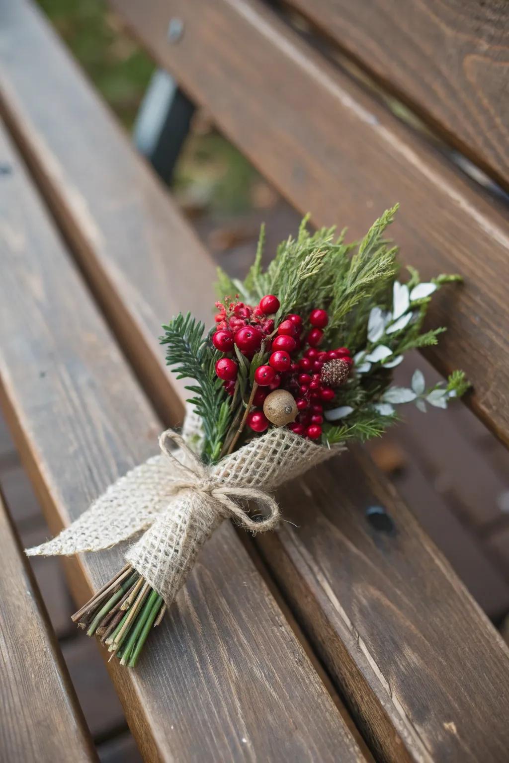 A berry and greenery boutonniere offers natural elegance.