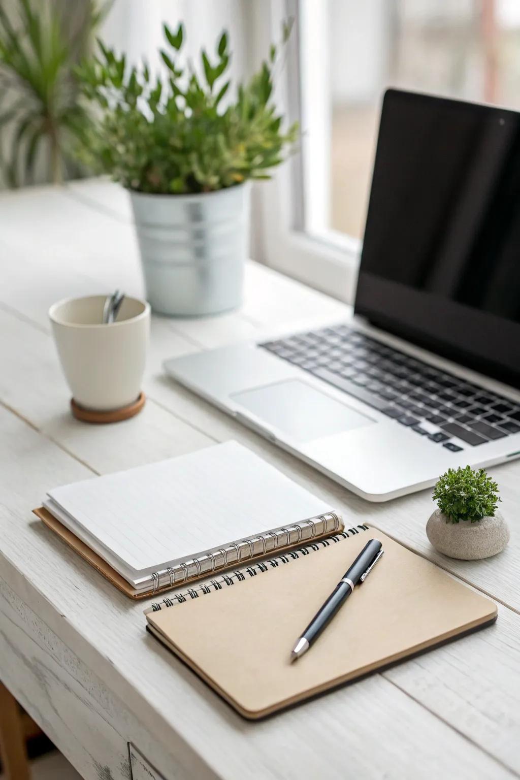 A minimalist desk setup with essential items promotes productivity and efficiency.