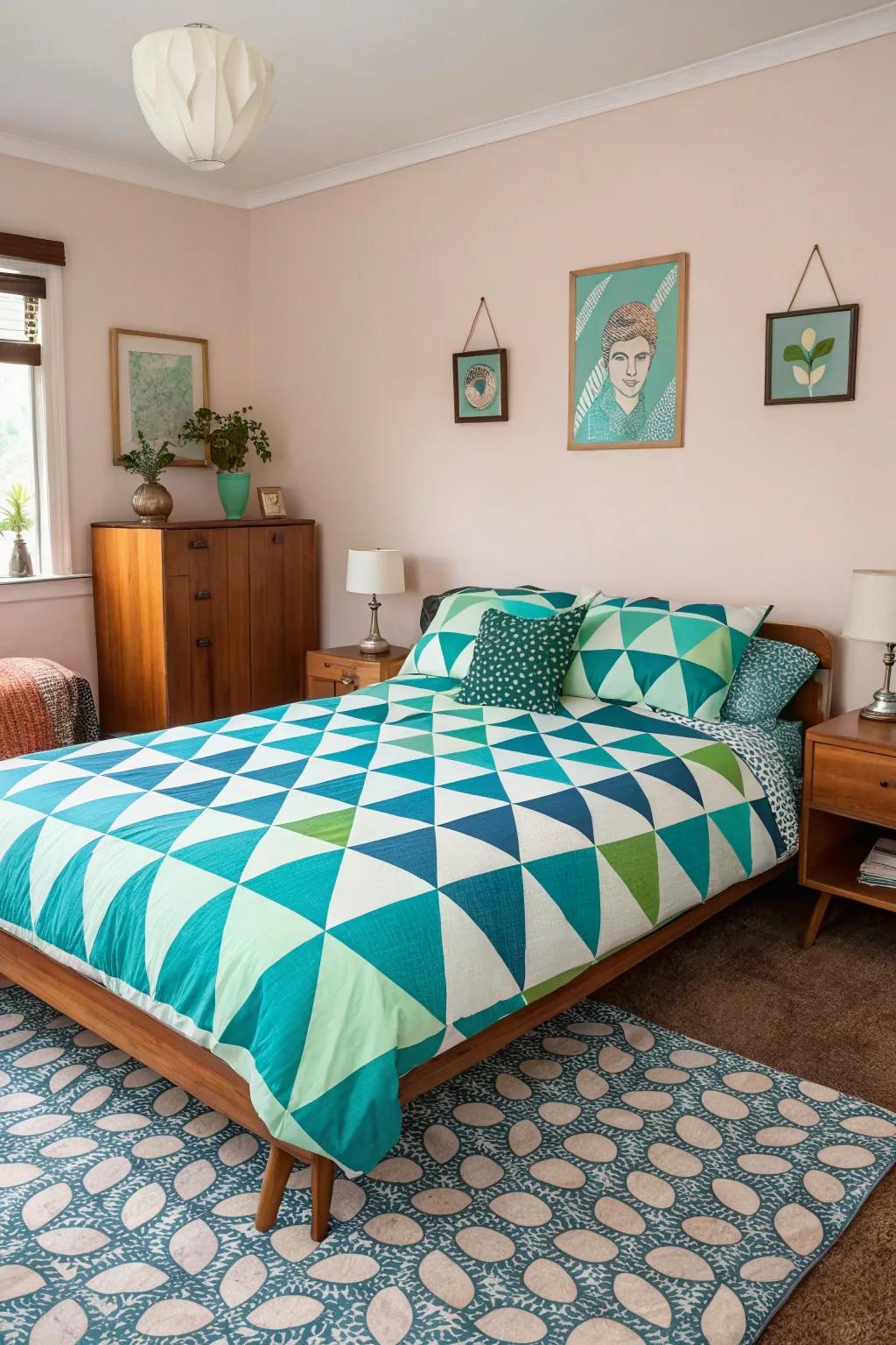 A vibrant mid-century modern bedroom showcasing bold geometric patterned bedding.