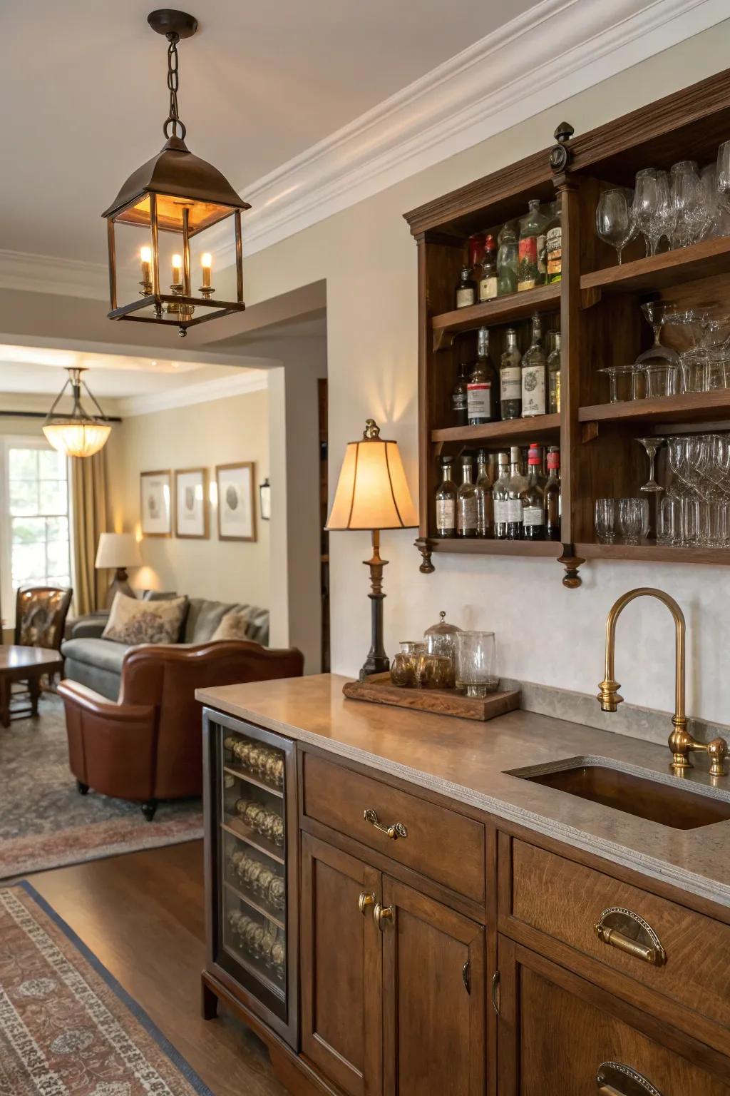 Vintage decor brings elegance and nostalgia to a home bar.