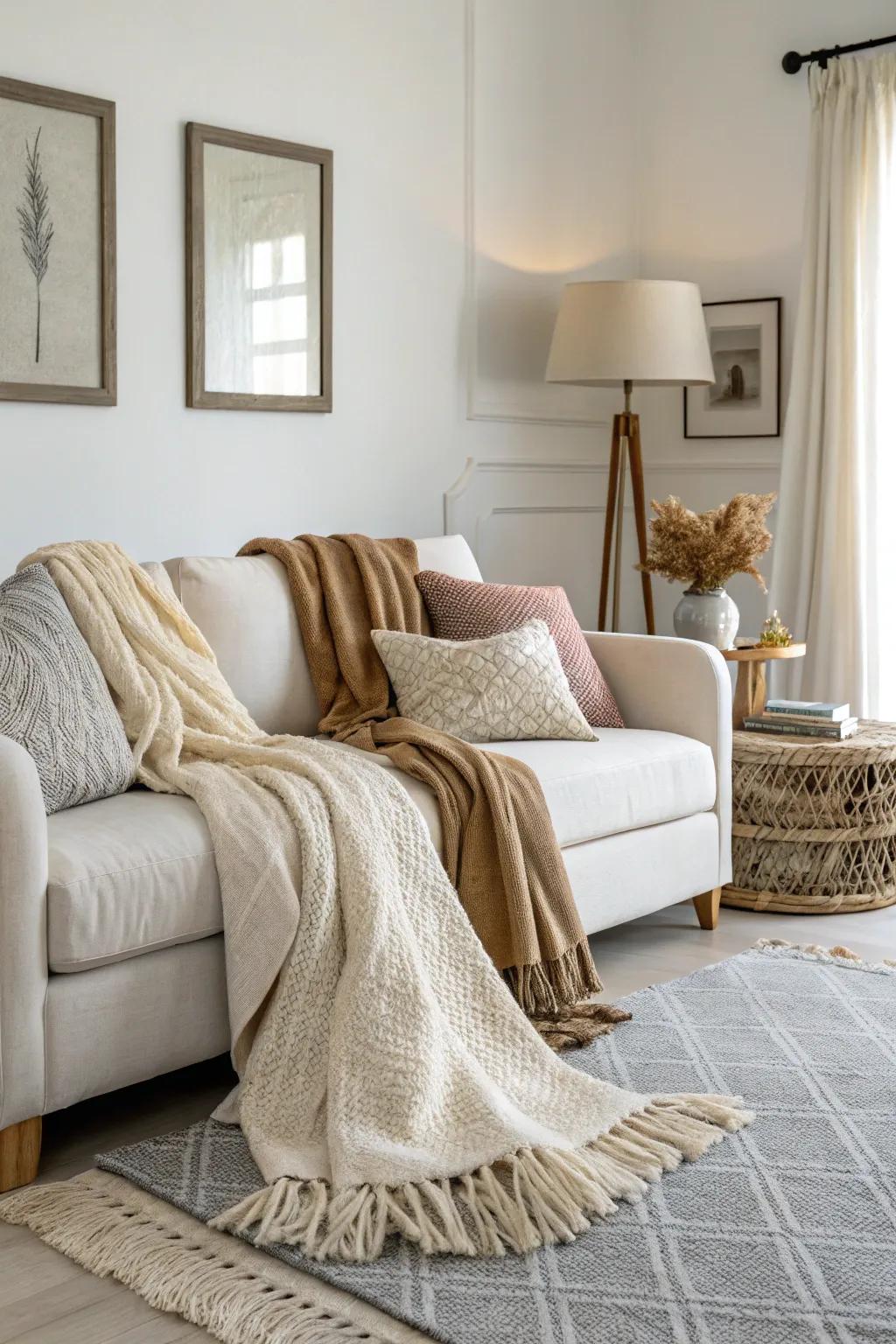 Cozy accents add warmth and comfort to minimalist living rooms.