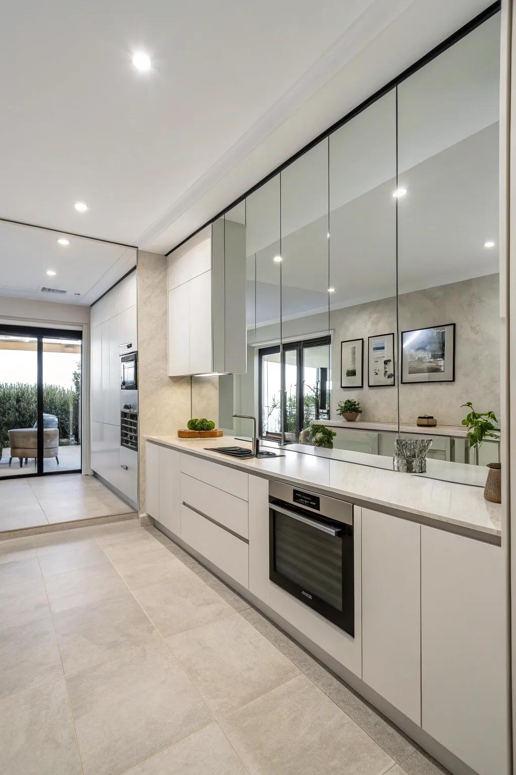 Frameless mirrors in a minimalist kitchen, offering a sleek and modern vibe.