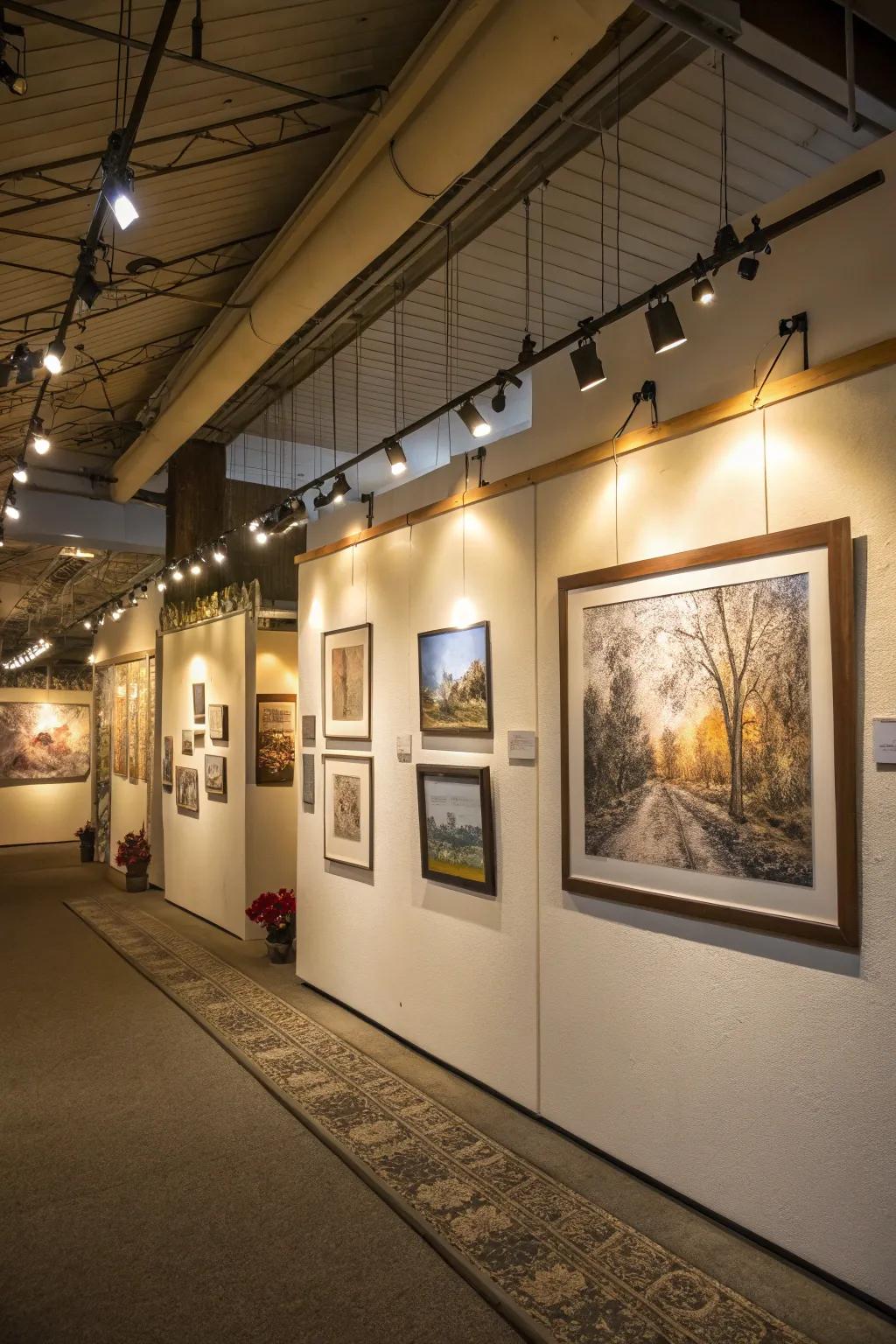Strategic lighting enhances the gallery wall's impact.