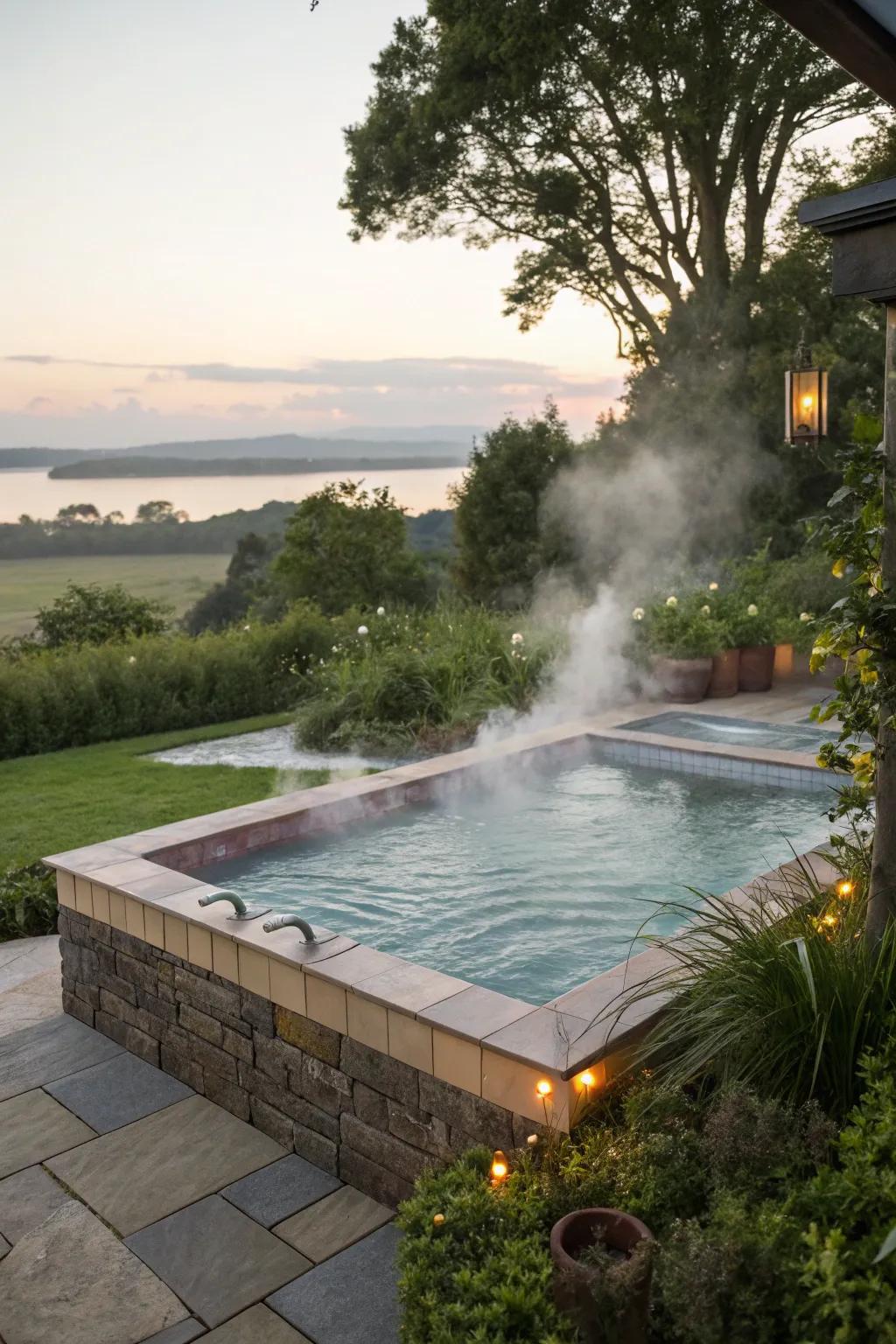 An integrated hot tub offers warmth and relaxation.