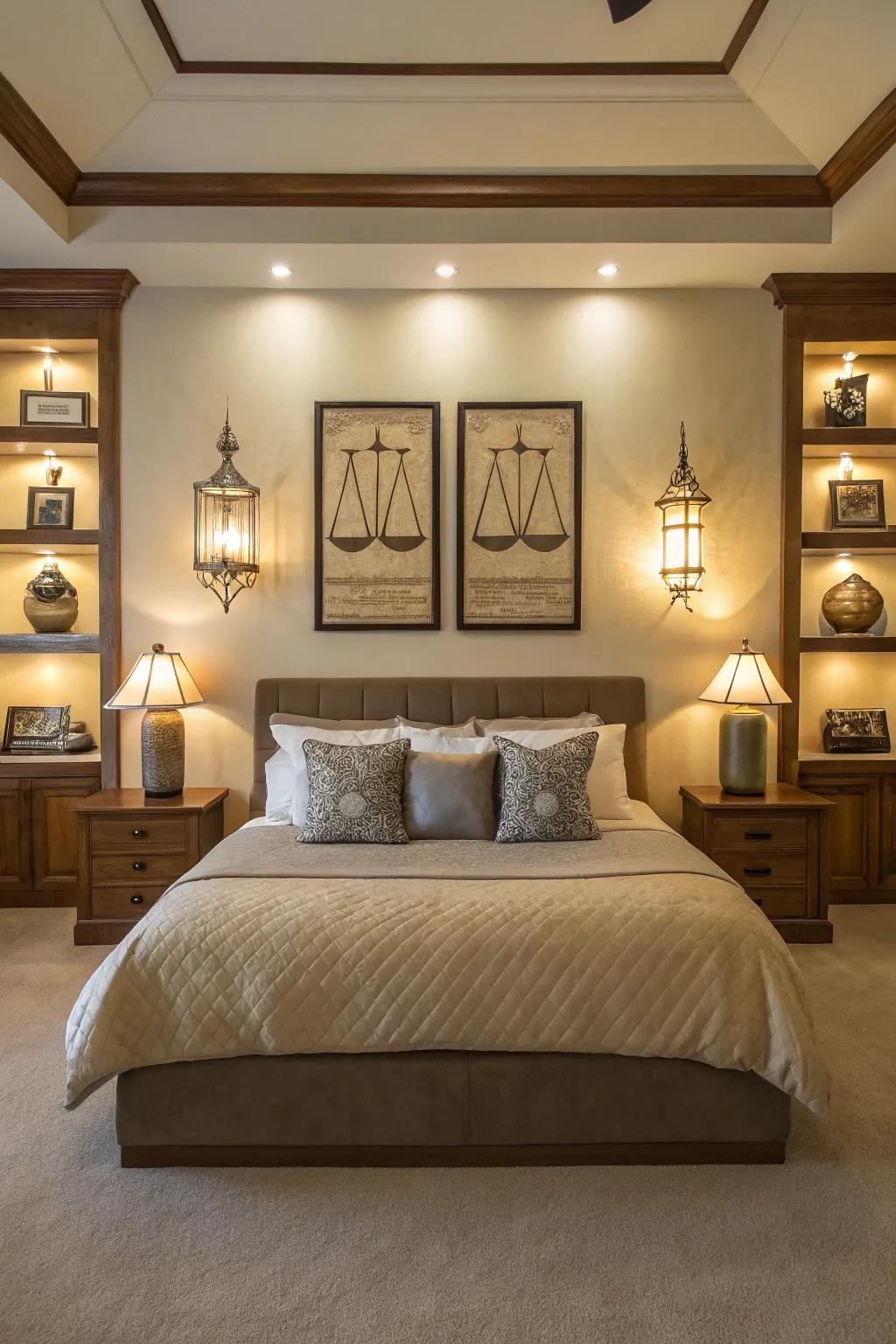 Symmetry on the bed wall ensures a harmonious and balanced design.