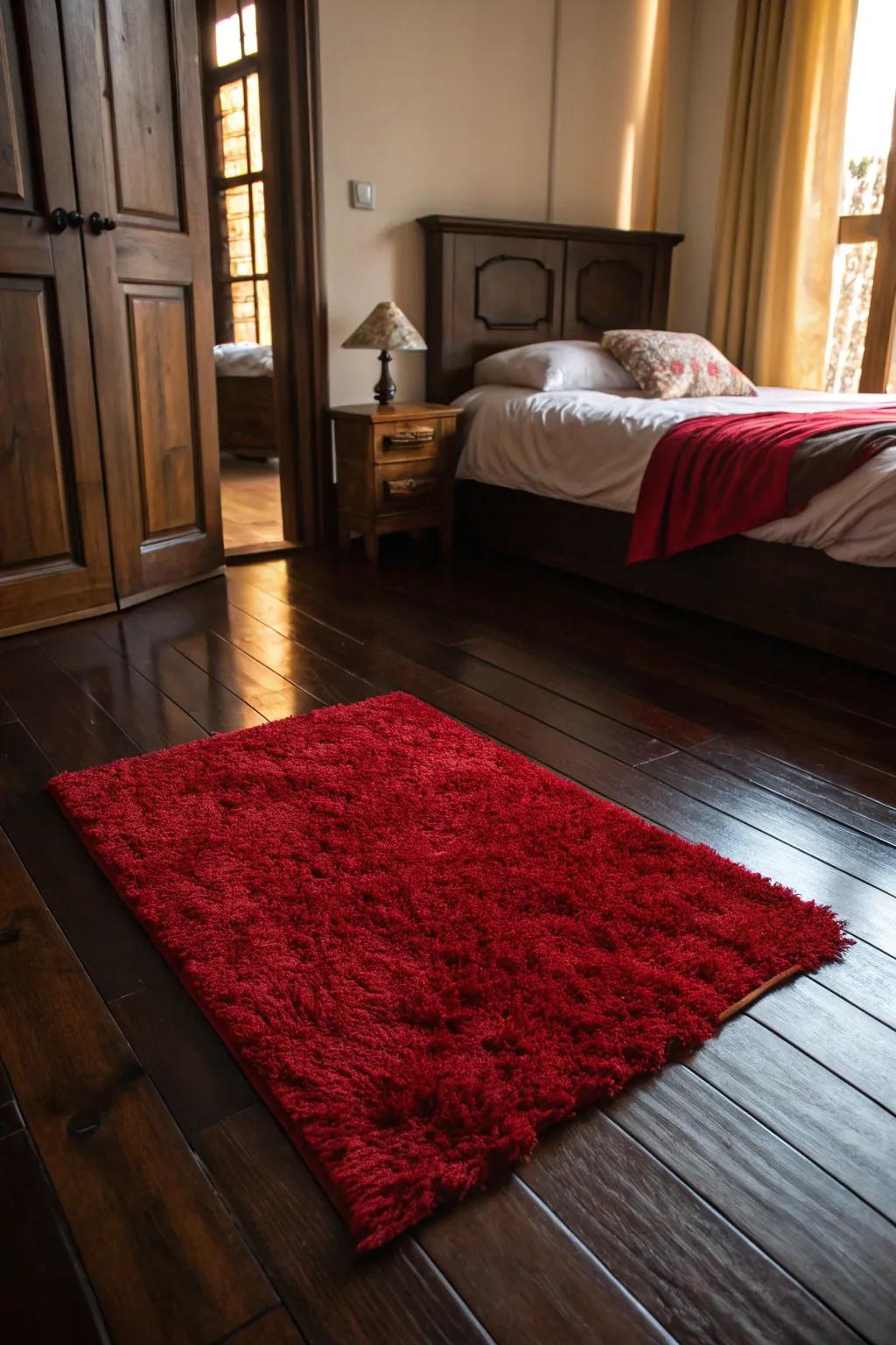 A red rug adds warmth and color to the flooring.