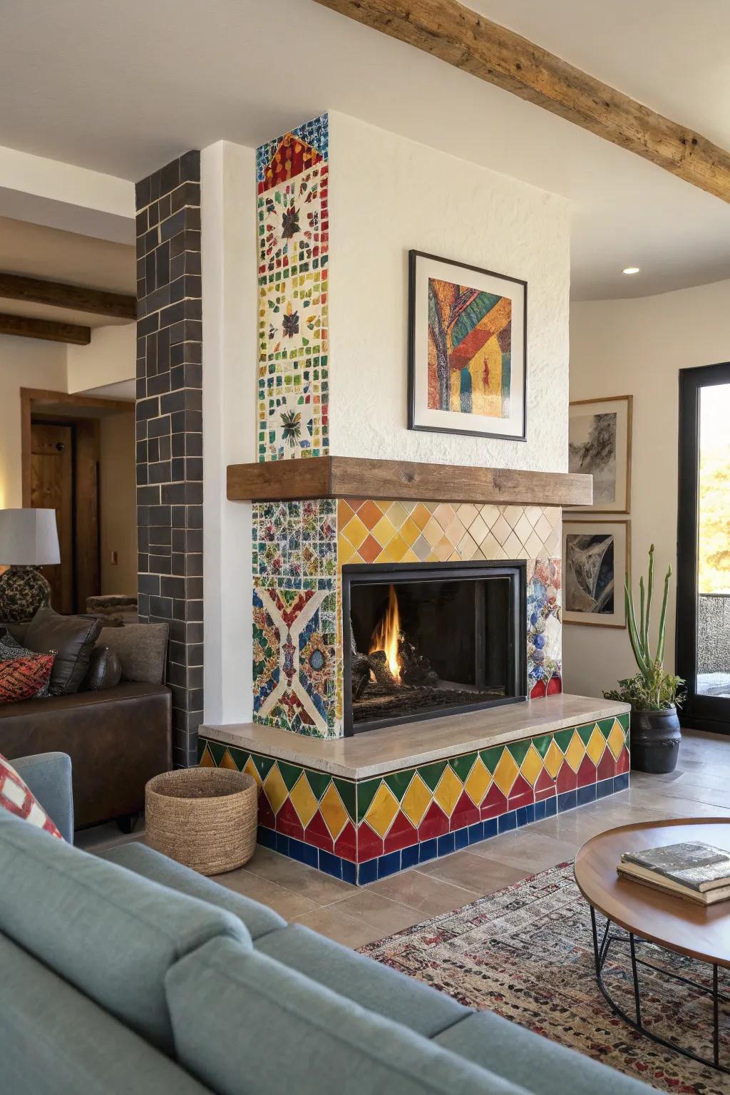 A fireplace with a mosaic tile surround, adding artistic flair to the room.