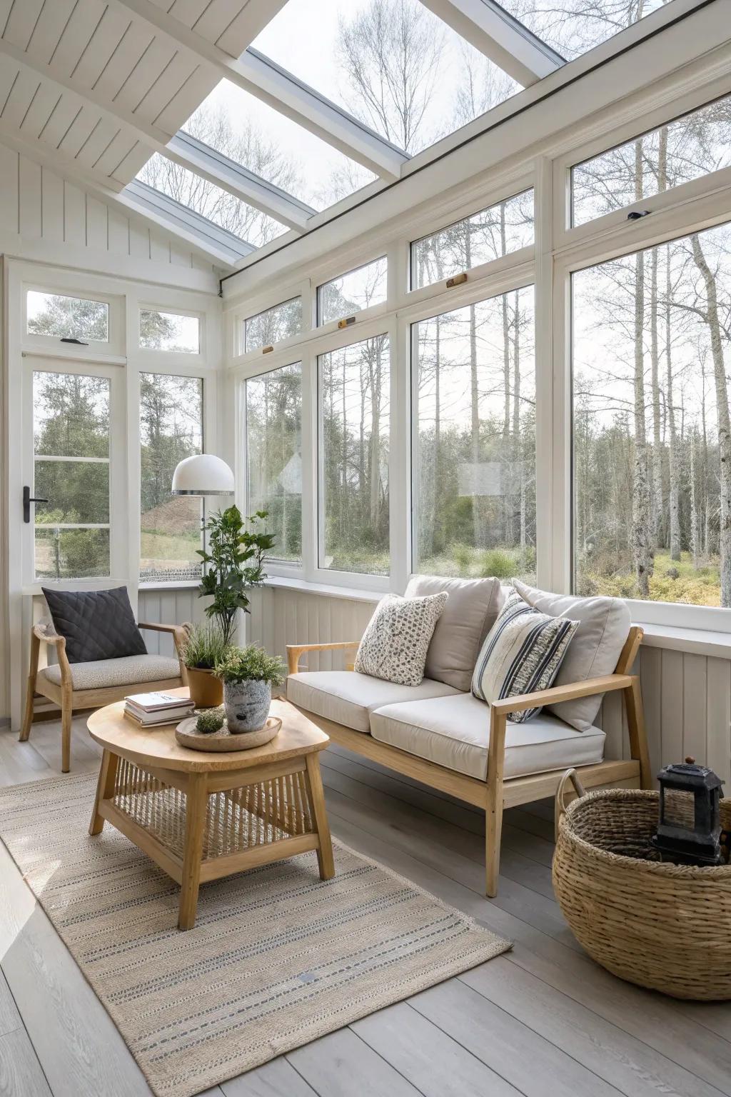 Scandinavian simplicity brings a serene ambiance to this sunroom.