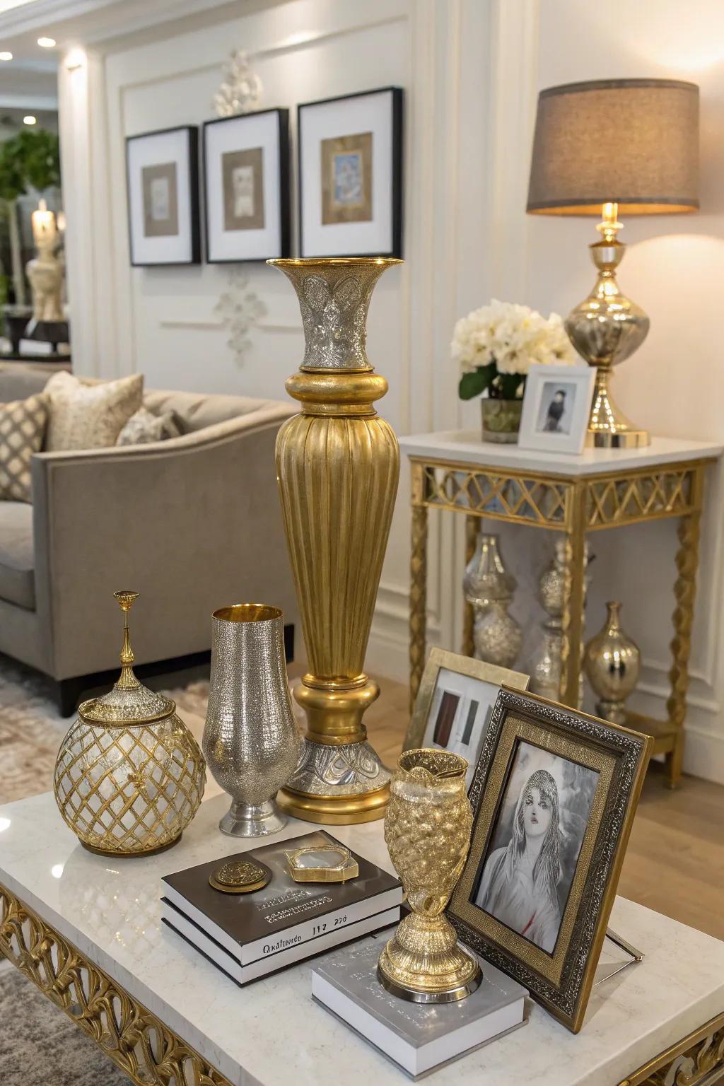 Decorative accents in gold and silver add refined details.