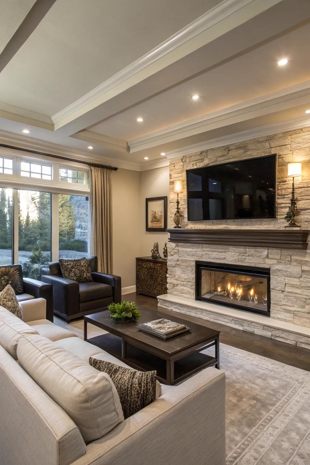 A fireplace and TV create a dynamic focal point.