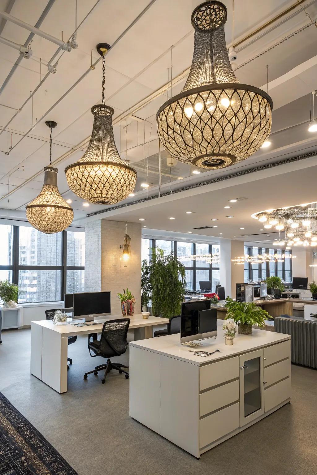 An office featuring unique and stylish lighting fixtures.