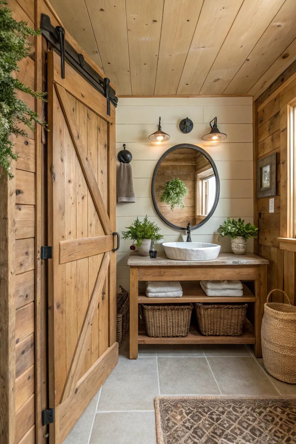 Sliding barn doors offer both practicality and rustic charm.