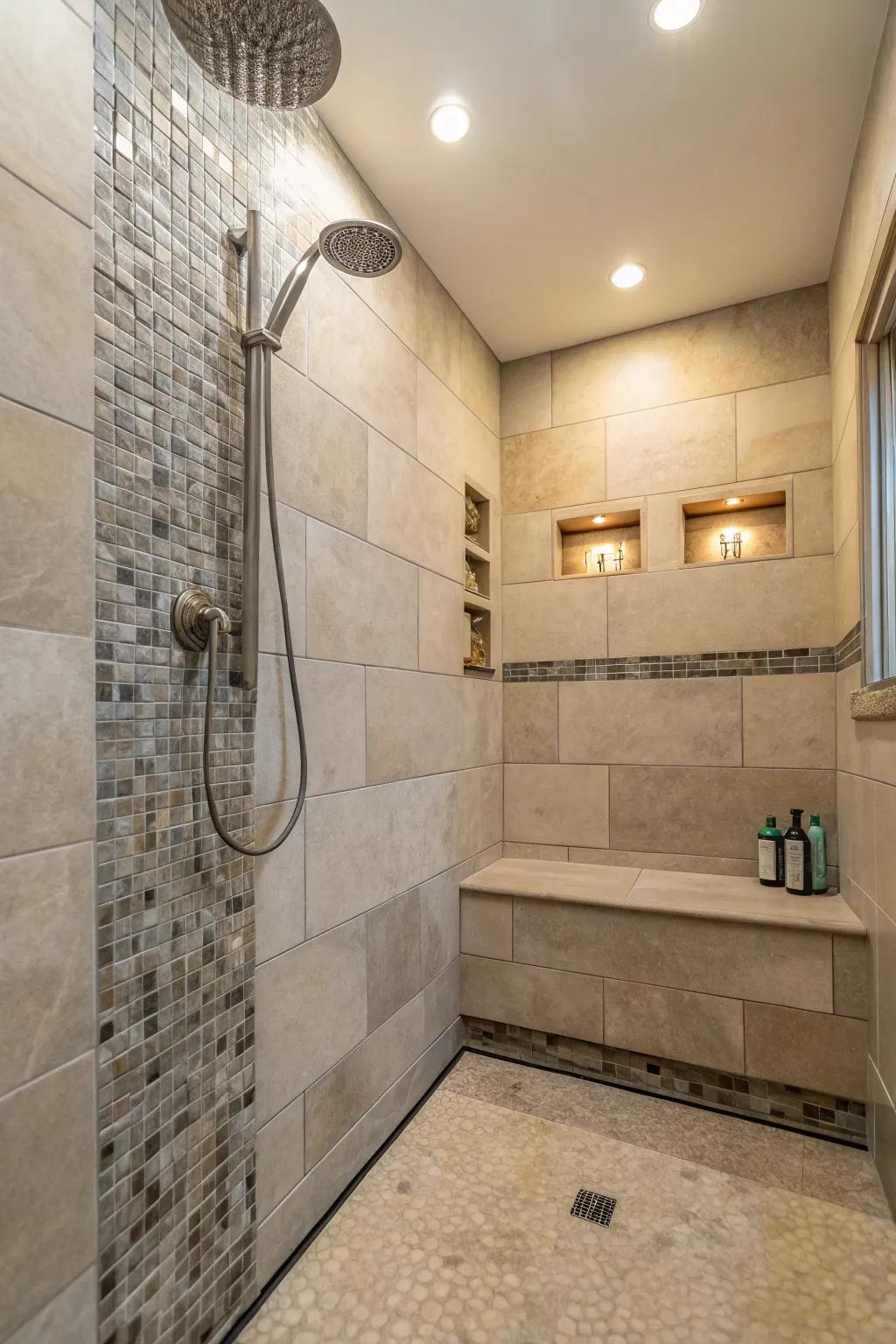 A calming shower space with a neutral color palette.