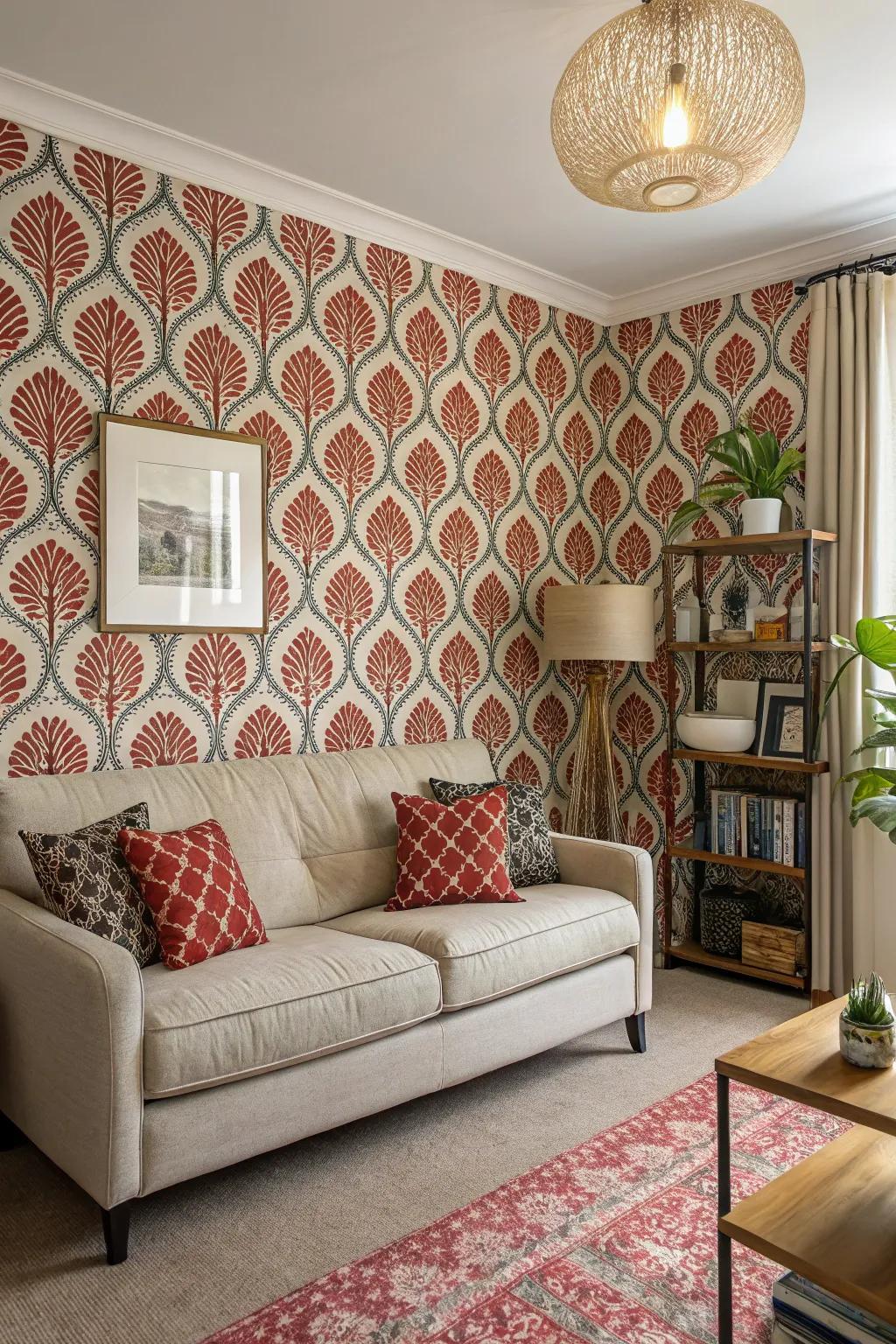 A small living room featuring bold patterned wallpaper.