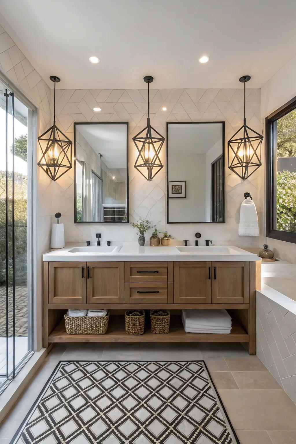 Geometric designs add a bold statement to modern bathrooms.