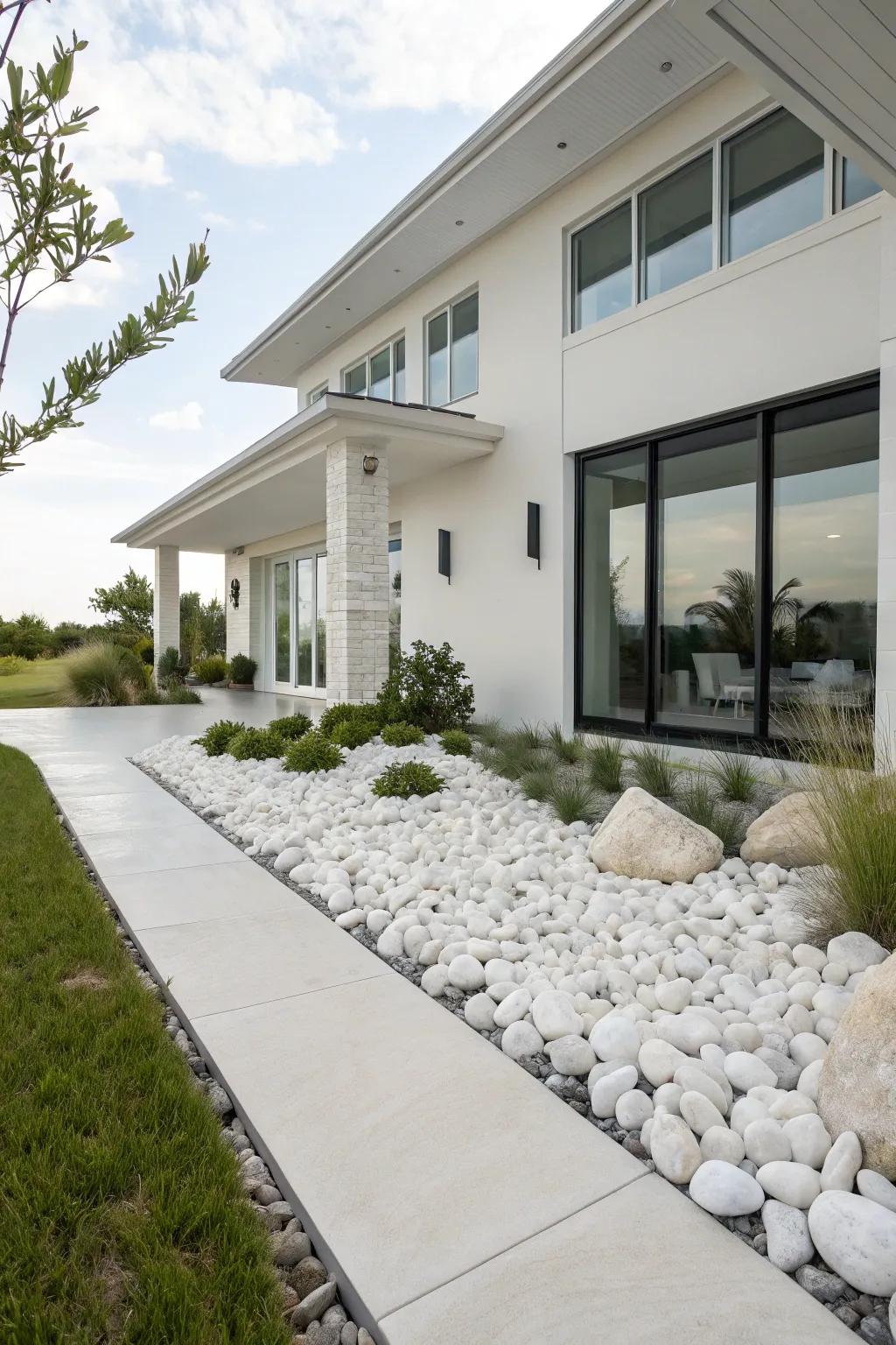 A modern home exterior beautifully integrated with white rock landscaping for a cohesive look.