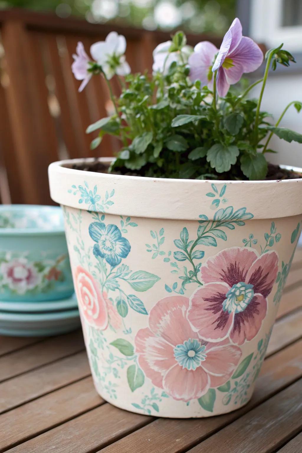 A flower pot with a beautifully stenciled design.