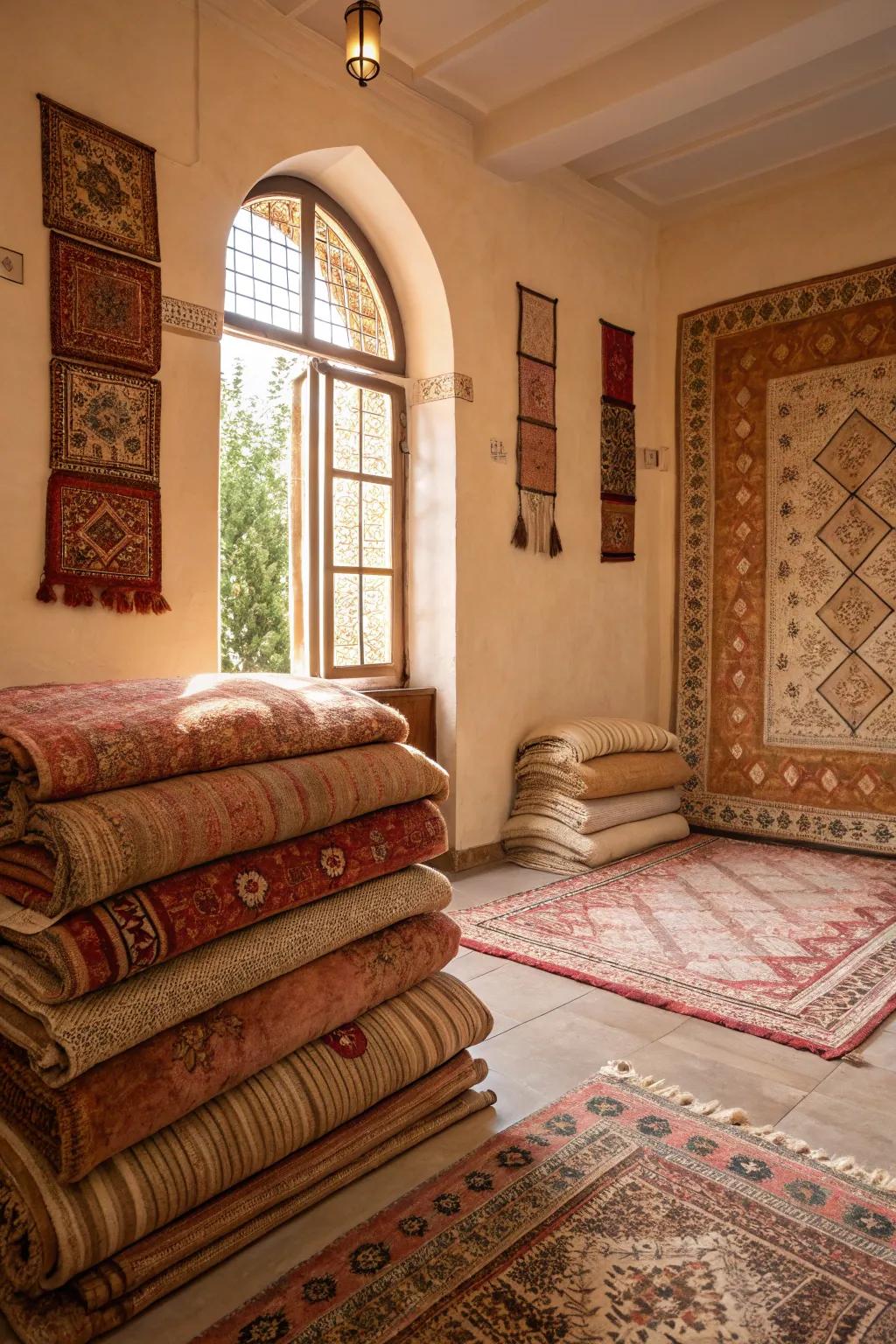 A cozy room featuring layered rugs for added warmth.