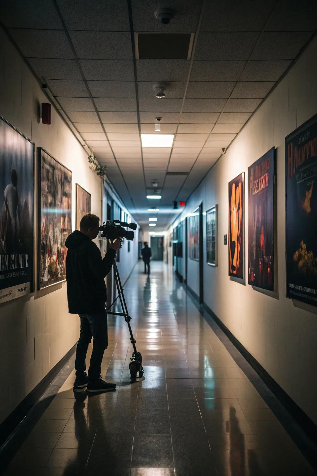 A hallway featuring dynamic composition movie art.