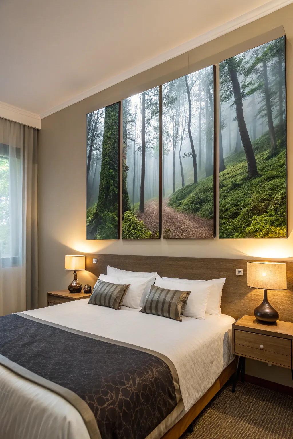 Whimsical scenes of an enchanted forest spread across multiple canvases, sparking imagination in the guest room.