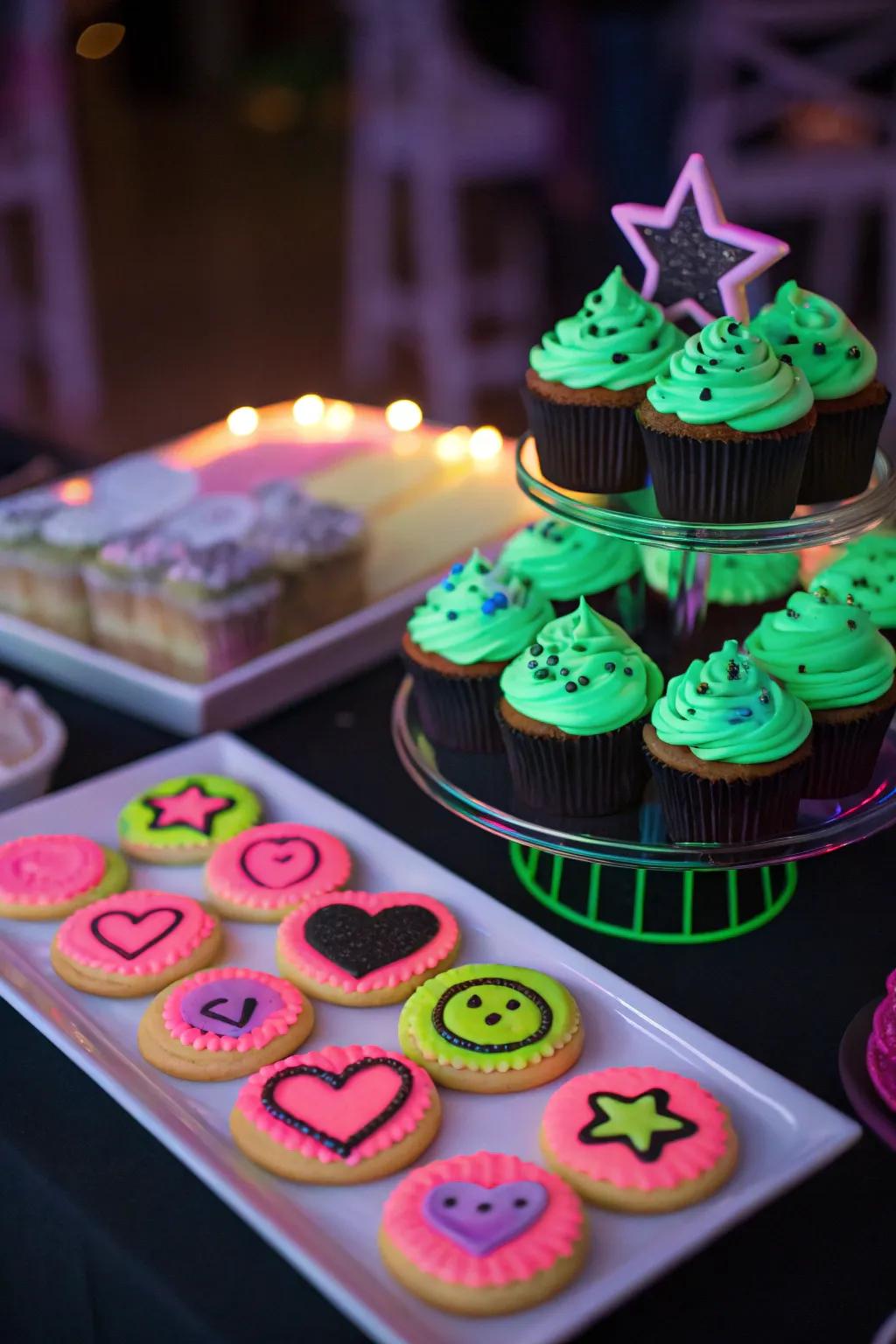 Glow-in-the-dark cupcakes and cookies on a neon-themed dessert table, delighting party guests.