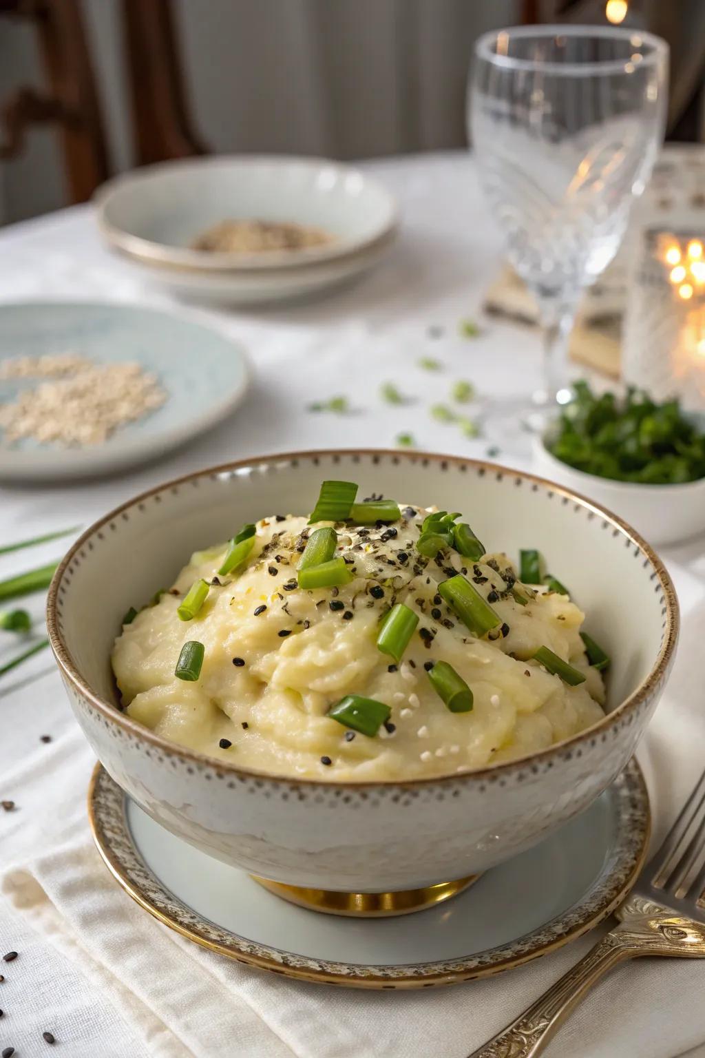 Toasted sesame mashed potatoes for a unique flavor.