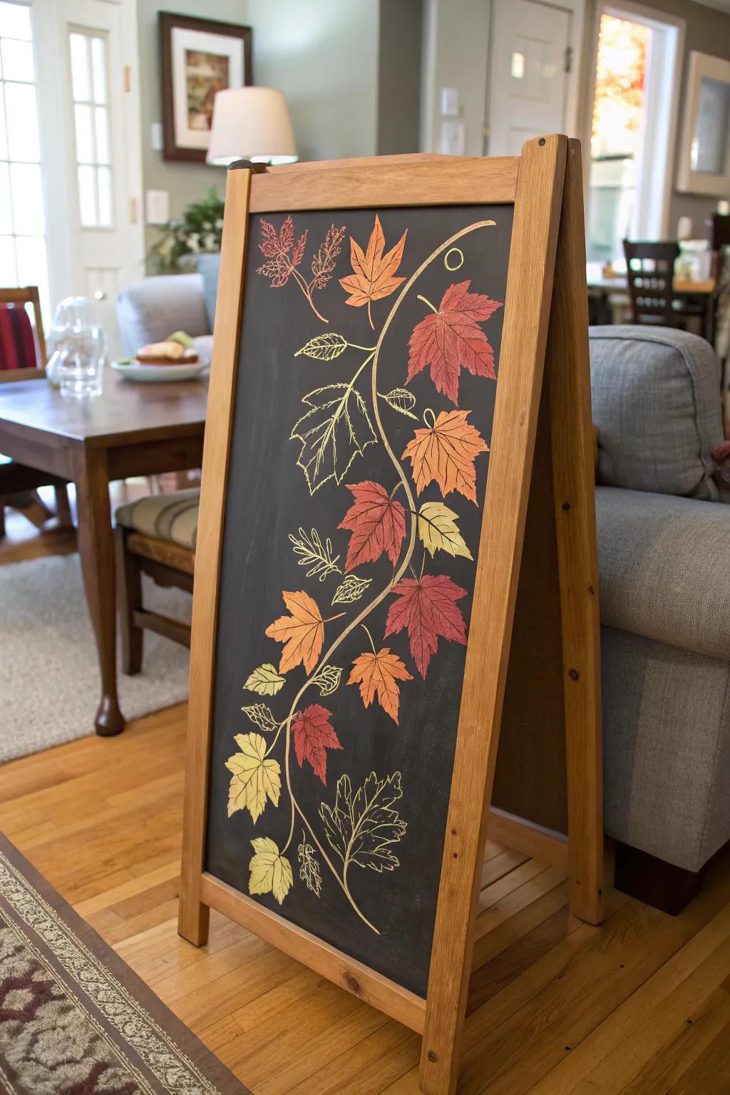 A falling leaves chalkboard design that brings the beauty of autumn indoors.