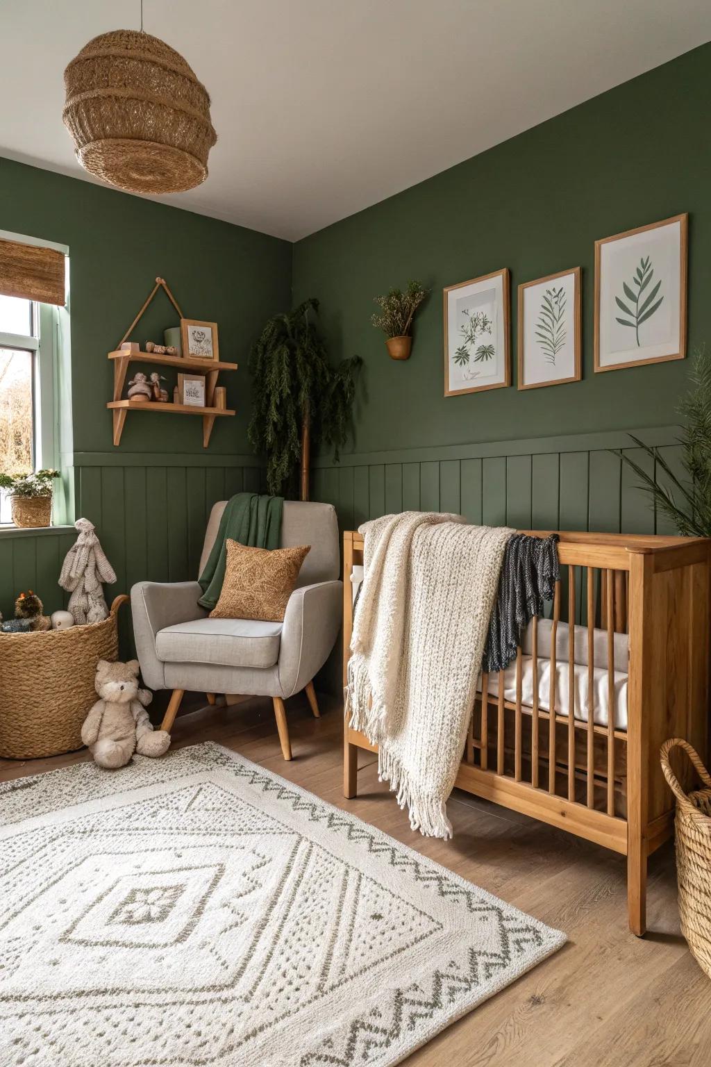 A nursery with deep olive green walls for added character.