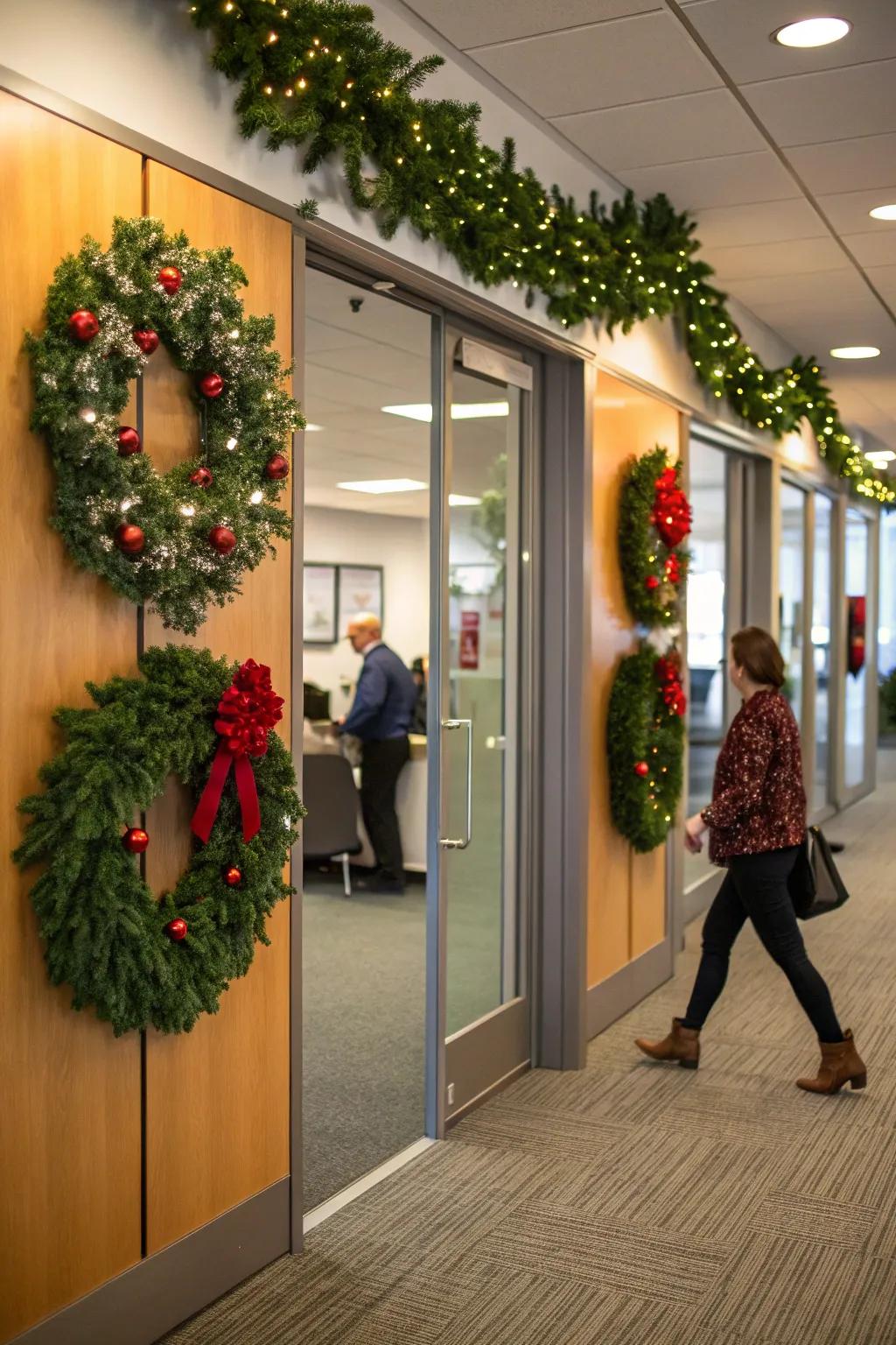 Holiday wreaths offer a warm welcome to all.