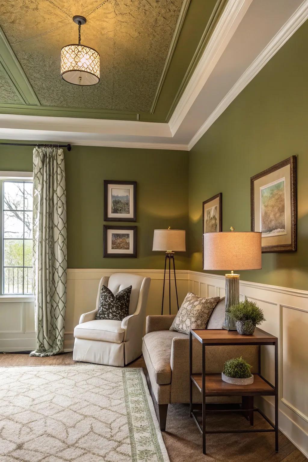 An olive green ceiling adds a unique touch to the space.