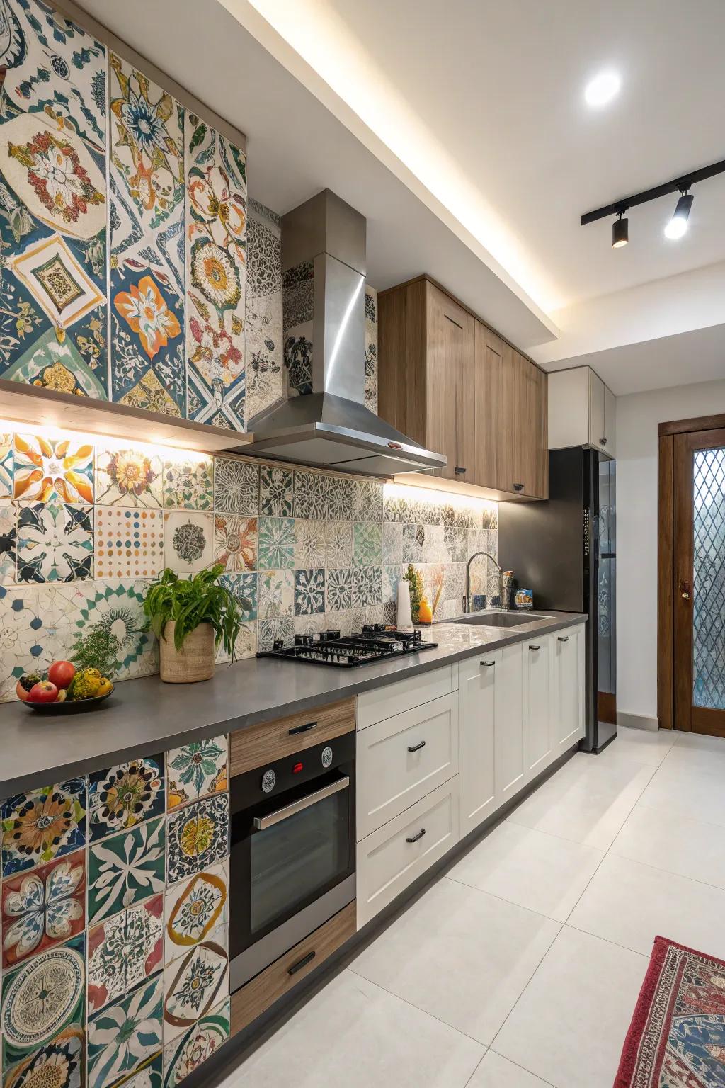 A bold backsplash serves as a focal point in this one-wall kitchen.