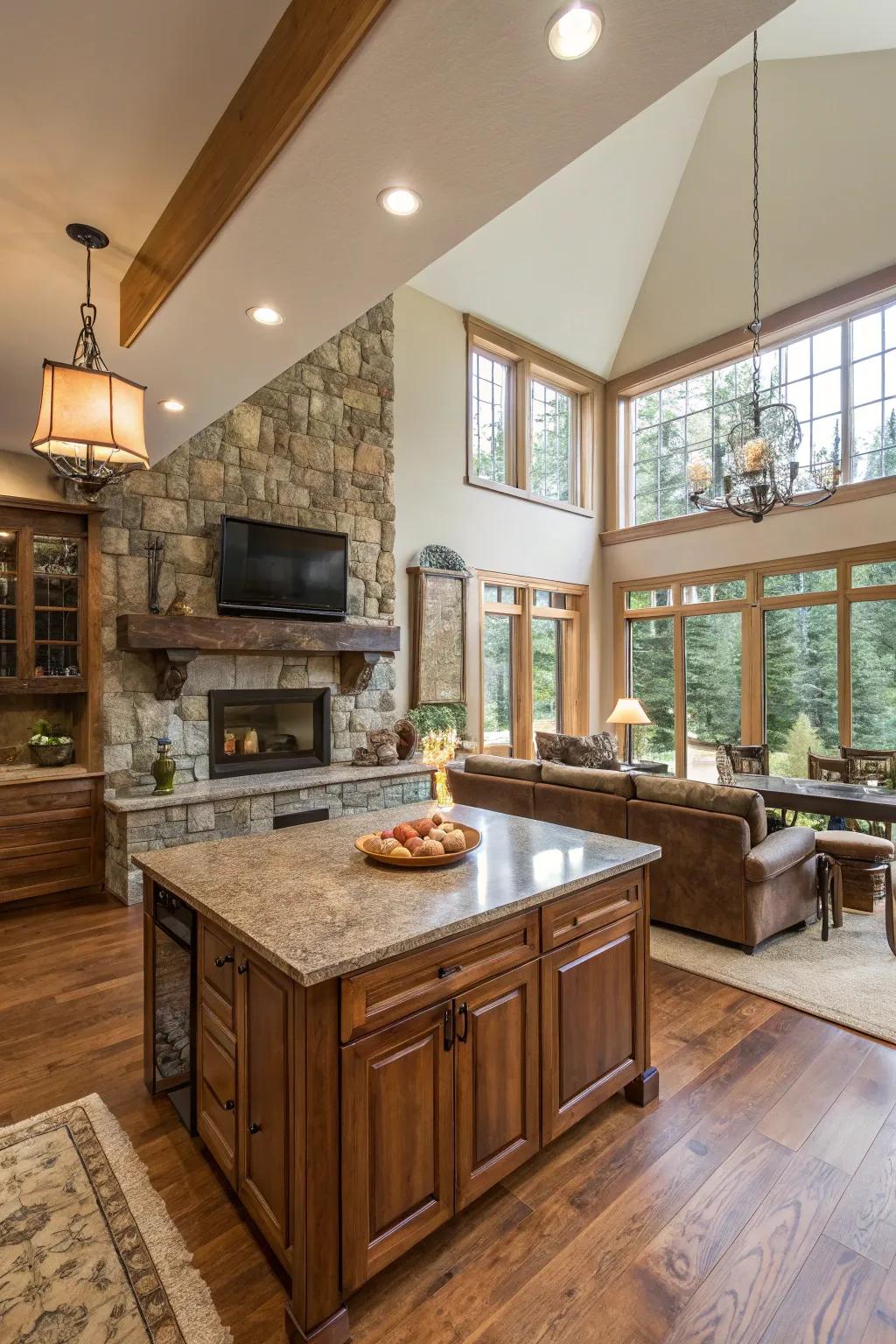 Natural materials add warmth and texture to an open concept room.